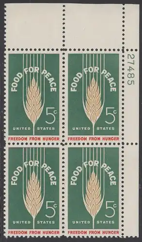 USA Michel 0841 / Scott 1231 postfrisch PLATEBLOCK ECKRAND oben rechts m/Platten-# 27485 - Kampf gegen den Hunger; Weizenähre