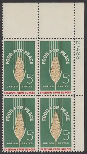 USA Michel 0841 / Scott 1231 postfrisch PLATEBLOCK ECKRAND oben rechts m/Platten-# 27488 (a) - Kampf gegen den Hunger; Weizenähre