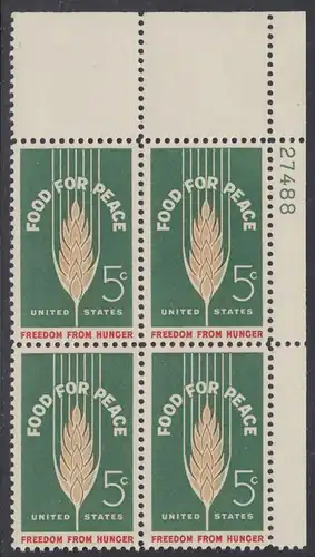 USA Michel 0841 / Scott 1231 postfrisch PLATEBLOCK ECKRAND oben rechts m/Platten-# 27488 (b) - Kampf gegen den Hunger; Weizenähre