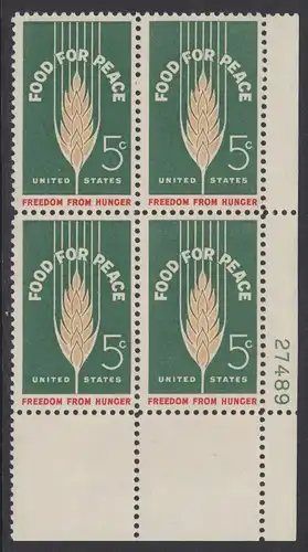 USA Michel 0841 / Scott 1231 postfrisch PLATEBLOCK ECKRAND unten rechts m/Platten-# 27489 - Kampf gegen den Hunger; Weizenähre