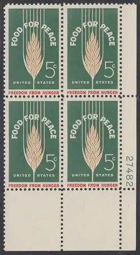 USA Michel 0841 / Scott 1231 postfrisch PLATEBLOCK ECKRAND unten rechts m/Platten-# 27482 - Kampf gegen den Hunger; Weizenähre