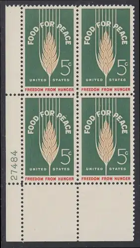 USA Michel 0841 / Scott 1231 postfrisch PLATEBLOCK ECKRAND unten links m/Platten-# 27484 - Kampf gegen den Hunger; Weizenähre