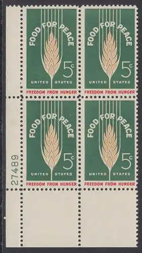 USA Michel 0841 / Scott 1231 postfrisch PLATEBLOCK ECKRAND unten links m/Platten-# 27489 - Kampf gegen den Hunger; Weizenähre