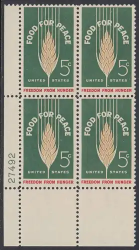 USA Michel 0841 / Scott 1231 postfrisch PLATEBLOCK ECKRAND unten links m/Platten-# 27492 - Kampf gegen den Hunger; Weizenähre