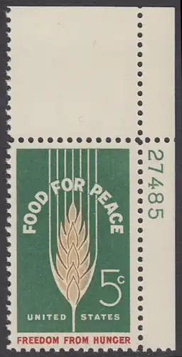 USA Michel 0841 / Scott 1231 postfrisch EINZELMARKE ECKRAND oben rechts m/Platten-# 27485 - Kampf gegen den Hunger; Weizenähre