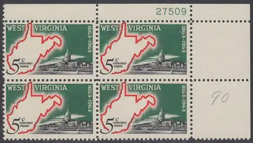 USA Michel 0842 / Scott 1232 postfrisch PLATEBLOCK ECKRAND oben rechts m/Platten-# 27509 - 100 Jahre Staat West Virginia; Landkarte von West Virginia, Regierungsgebäude in Charleston