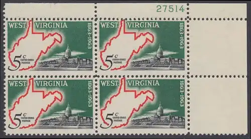 USA Michel 0842 / Scott 1232 postfrisch PLATEBLOCK ECKRAND oben rechts m/Platten-# 27514 - 100 Jahre Staat West Virginia; Landkarte von West Virginia, Regierungsgebäude in Charleston