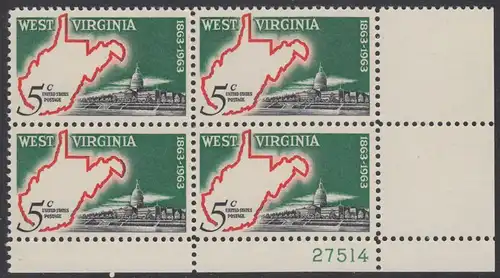 USA Michel 0842 / Scott 1232 postfrisch PLATEBLOCK ECKRAND unten rechts m/Platten-# 27514 - 100 Jahre Staat West Virginia; Landkarte von West Virginia, Regierungsgebäude in Charleston