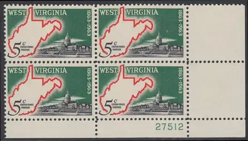 USA Michel 0842 / Scott 1232 postfrisch PLATEBLOCK ECKRAND unten rechts m/Platten-# 27512 - 100 Jahre Staat West Virginia; Landkarte von West Virginia, Regierungsgebäude in Charleston