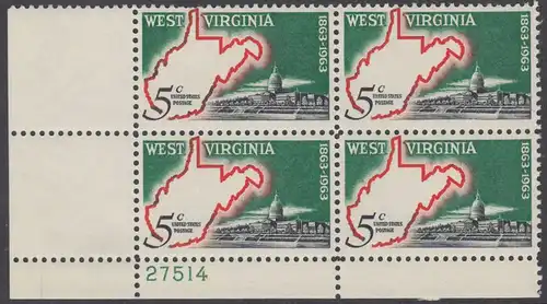 USA Michel 0842 / Scott 1232 postfrisch PLATEBLOCK ECKRAND unten links m/Platten-# 27514 - 100 Jahre Staat West Virginia; Landkarte von West Virginia, Regierungsgebäude in Charleston