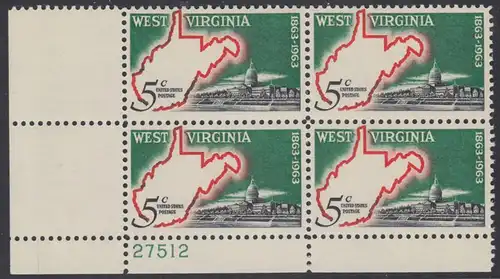 USA Michel 0842 / Scott 1232 postfrisch PLATEBLOCK ECKRAND unten links m/Platten-# 27512 - 100 Jahre Staat West Virginia; Landkarte von West Virginia, Regierungsgebäude in Charleston