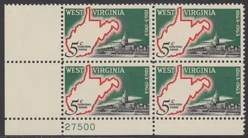 USA Michel 0842 / Scott 1232 postfrisch PLATEBLOCK ECKRAND unten links m/Platten-# 27500 - 100 Jahre Staat West Virginia; Landkarte von West Virginia, Regierungsgebäude in Charleston