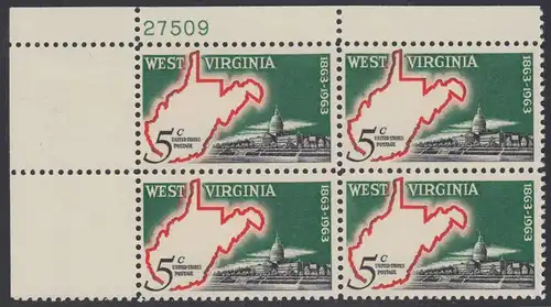 USA Michel 0842 / Scott 1232 postfrisch PLATEBLOCK ECKRAND oben links m/Platten-# 27509 - 100 Jahre Staat West Virginia; Landkarte von West Virginia, Regierungsgebäude in Charleston