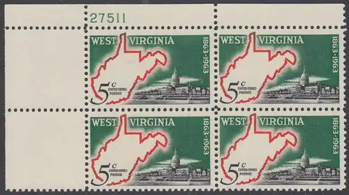 USA Michel 0842 / Scott 1232 postfrisch PLATEBLOCK ECKRAND oben links m/Platten-# 27511 - 100 Jahre Staat West Virginia; Landkarte von West Virginia, Regierungsgebäude in Charleston