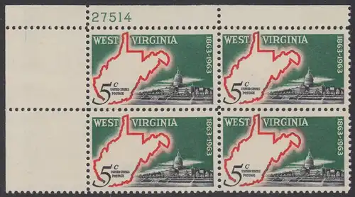 USA Michel 0842 / Scott 1232 postfrisch PLATEBLOCK ECKRAND oben links m/Platten-# 27514 - 100 Jahre Staat West Virginia; Landkarte von West Virginia, Regierungsgebäude in Charleston