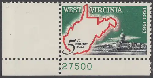 USA Michel 0842 / Scott 1232 postfrisch EINZELMARKE ECKRAND unten links m/Platten-# 27500 - 100 Jahre Staat West Virginia; Landkarte von West Virginia, Regierungsgebäude in Charleston