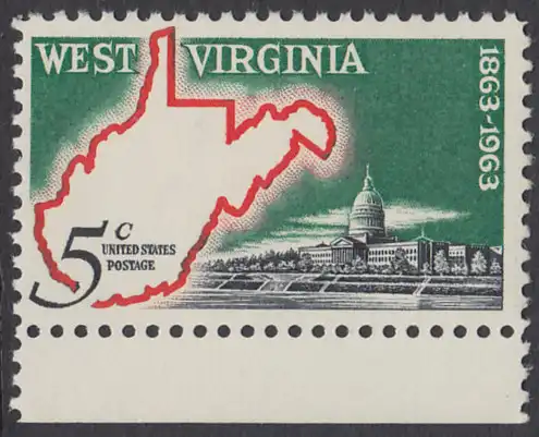USA Michel 0842 / Scott 1232 postfrisch EINZELMARKE RAND unten - 100 Jahre Staat West Virginia; Landkarte von West Virginia, Regierungsgebäude in Charleston