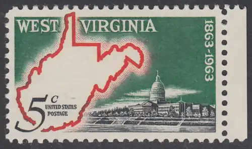 USA Michel 0842 / Scott 1232 postfrisch EINZELMARKE RAND rechts - 100 Jahre Staat West Virginia; Landkarte von West Virginia, Regierungsgebäude in Charleston