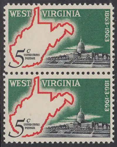 USA Michel 0842 / Scott 1232 postfrisch vert.PAAR - 100 Jahre Staat West Virginia; Landkarte von West Virginia, Regierungsgebäude in Charleston
