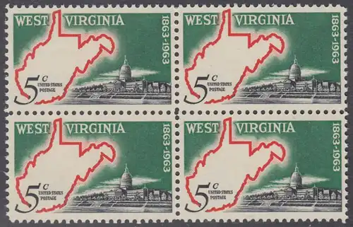 USA Michel 0842 / Scott 1232 postfrisch BLOCK - 100 Jahre Staat West Virginia; Landkarte von West Virginia, Regierungsgebäude in Charleston