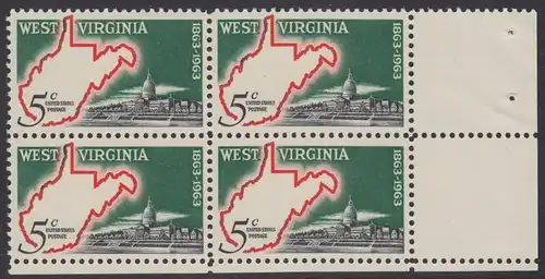 USA Michel 0842 / Scott 1232 postfrisch BLOCK ECKRAND unten rechts - 100 Jahre Staat West Virginia; Landkarte von West Virginia, Regierungsgebäude in Charleston