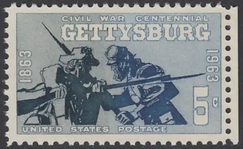 USA Michel 0843 / Scott 1180 postfrisch EINZELAMRKE RAND rechts - Schlacht von Gettysburg, PA; Soldaten der Konföderierten Staaten und der Union