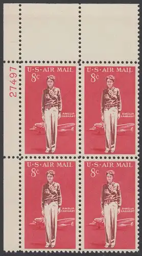 USA Michel 0845 / Scott C068 postfrisch LuPo-PLATEBLOCK ECkRAND oben links m/Platten-# 27497 (a) - Amelia Earhart, Fliegerin, Flugzeug Lockheed 10E Elektra 