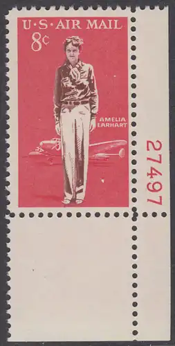 USA Michel 0845 / Scott C068 postfrisch LuPo-EINZELMARKE ECkRAND unten rechts m/Platten-# 27497 - Amelia Earhart, Fliegerin, Flugzeug Lockheed 10E Elektra 