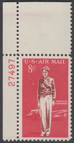 USA Michel 0845 / Scott C068 mit Falzrest LuPo-EINZELMARKE ECkRAND oben links m/Platten-# 27497 - Amelia Earhart, Fliegerin, Flugzeug Lockheed 10E Elektra 