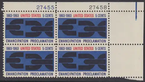 USA Michel 0846 / Scott 1233 postfrisch PLATEBLOCK ECKRAND oben rechts m/Platten-# 27458 - 100. Jahrestag der Verkündung der bürgerlichen Gleichstellung durch Abraham Lincoln