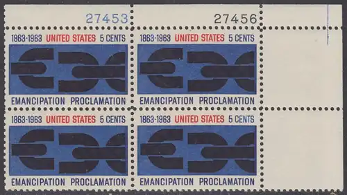 USA Michel 0846 / Scott 1233 postfrisch PLATEBLOCK ECKRAND oben rechts m/Platten-# 27456 - 100. Jahrestag der Verkündung der bürgerlichen Gleichstellung durch Abraham Lincoln