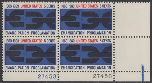 USA Michel 0846 / Scott 1233 postfrisch PLATEBLOCK ECKRAND unten rechts m/Platten-# 27458 - 100. Jahrestag der Verkündung der bürgerlichen Gleichstellung durch Abraham Lincoln