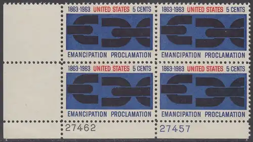 USA Michel 0846 / Scott 1233 postfrisch PLATEBLOCK ECKRAND unten links m/Platten-# 27462 - 100. Jahrestag der Verkündung der bürgerlichen Gleichstellung durch Abraham Lincoln