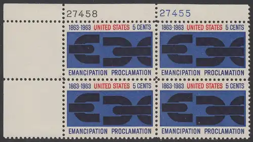 USA Michel 0846 / Scott 1233 postfrisch PLATEBLOCK ECKRAND oben links m/Platten-# 27458 - 100. Jahrestag der Verkündung der bürgerlichen Gleichstellung durch Abraham Lincoln