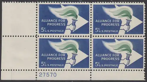 USA Michel 0847 / Scott 1234 postfrisch PLATEBLOCK ECKRAND unten links m/Platten-# 27570 - Bündnis für den Fortschritt