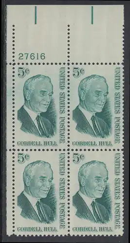 USA Michel 0848 / Scott 1235 postfrisch PLATEBLOCK ECKRAND oben links m/Platten-# 27616 - Cordell Hull, Politiker, Friedensnobelpreis 1945