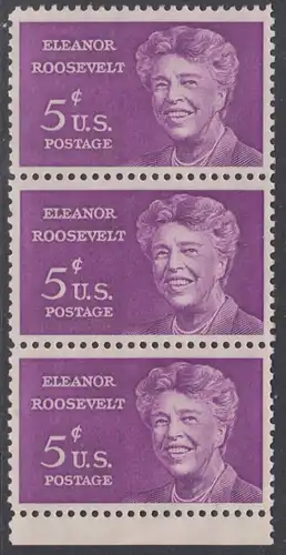 USA Michel 0849 / Scott 1236 postfrisch vert.STRIP(3) RAND unten - Eleanor Roosevelt; Politikerin und Publizistin, Präsidentengattin
