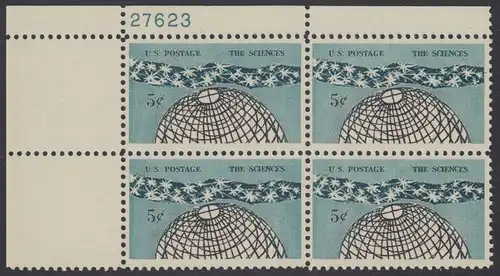 USA Michel 0850 / Scott 1237 postfrisch PLATEBLOCK ECKRAND oben links m/Platten-# 27623 (a) - 100 Jahre Nationalakademie der Wissenschaften; „Das Universum“