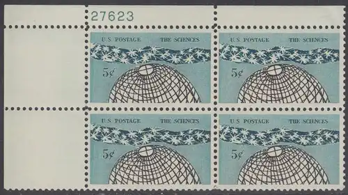 USA Michel 0850 / Scott 1237 postfrisch PLATEBLOCK ECKRAND oben links m/Platten-# 27623 (b) - 100 Jahre Nationalakademie der Wissenschaften; „Das Universum“