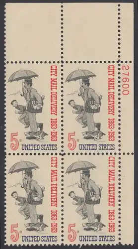 USA Michel 0851 / Scott 1238 postfrisch PLATEBLOCK ECKRAND oben rechts m/Platten-# 27600 (a) - 100 Jahre Postzustellung in den Städten; Postbote (19. Jh.) 