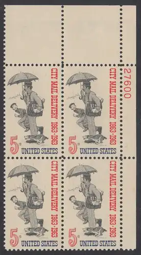 USA Michel 0851 / Scott 1238 postfrisch PLATEBLOCK ECKRAND oben rechts m/Platten-# 27600 (b) - 100 Jahre Postzustellung in den Städten; Postbote (19. Jh.) 