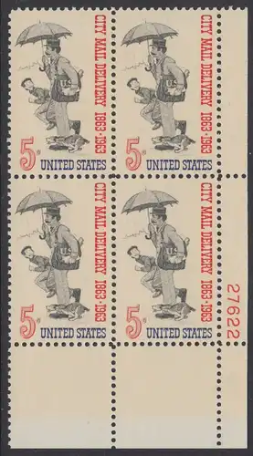 USA Michel 0851 / Scott 1238 postfrisch PLATEBLOCK ECKRAND unten rechts m/Platten-# 27622 - 100 Jahre Postzustellung in den Städten; Postbote (19. Jh.) 