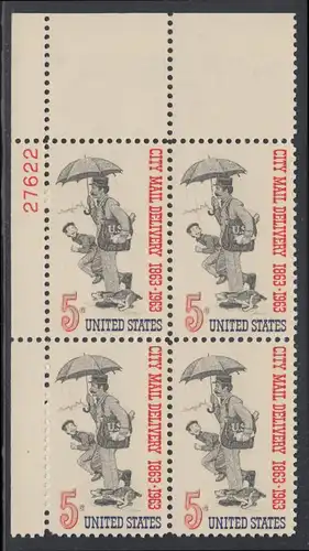 USA Michel 0851 / Scott 1238 postfrisch PLATEBLOCK ECKRAND oben links m/Platten-# 27622 - 100 Jahre Postzustellung in den Städten; Postbote (19. Jh.) 