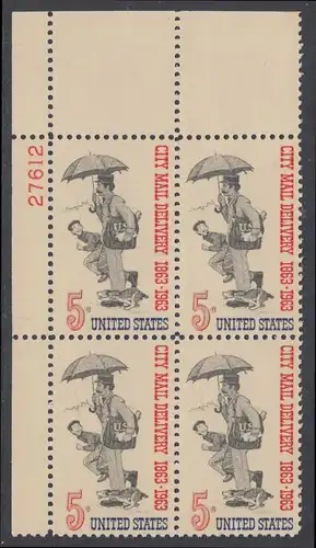 USA Michel 0851 / Scott 1238 postfrisch PLATEBLOCK ECKRAND oben links m/Platten-# 27612 - 100 Jahre Postzustellung in den Städten; Postbote (19. Jh.) 