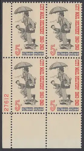 USA Michel 0851 / Scott 1238 postfrisch PLATEBLOCK ECKRAND unten links m/Platten-# 27612 (a) - 100 Jahre Postzustellung in den Städten; Postbote (19. Jh.) 