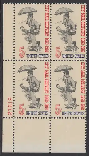 USA Michel 0851 / Scott 1238 postfrisch PLATEBLOCK ECKRAND unten links m/Platten-# 27612 (b) - 100 Jahre Postzustellung in den Städten; Postbote (19. Jh.) 