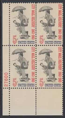 USA Michel 0851 / Scott 1238 postfrisch PLATEBLOCK ECKRAND unten links m/Platten-# 27600 - 100 Jahre Postzustellung in den Städten; Postbote (19. Jh.) 