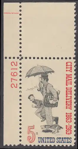 USA Michel 0851 / Scott 1238 postfrisch EINZELMARKE ECKRAND oben links m/Platten-# 27612 - 100 Jahre Postzustellung in den Städten; Postbote (19. Jh.) 