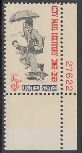USA Michel 0851 / Scott 1238 postfrisch EINZELMARKE ECKRAND unten rechts m/Platten-# 27622 - 100 Jahre Postzustellung in den Städten; Postbote (19. Jh.) 