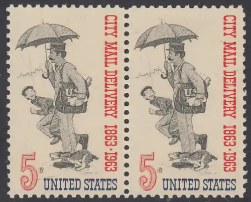 USA Michel 0851 / Scott 1238 postfrisch horiz.PAAR - 100 Jahre Postzustellung in den Städten; Postbote (19. Jh.) 